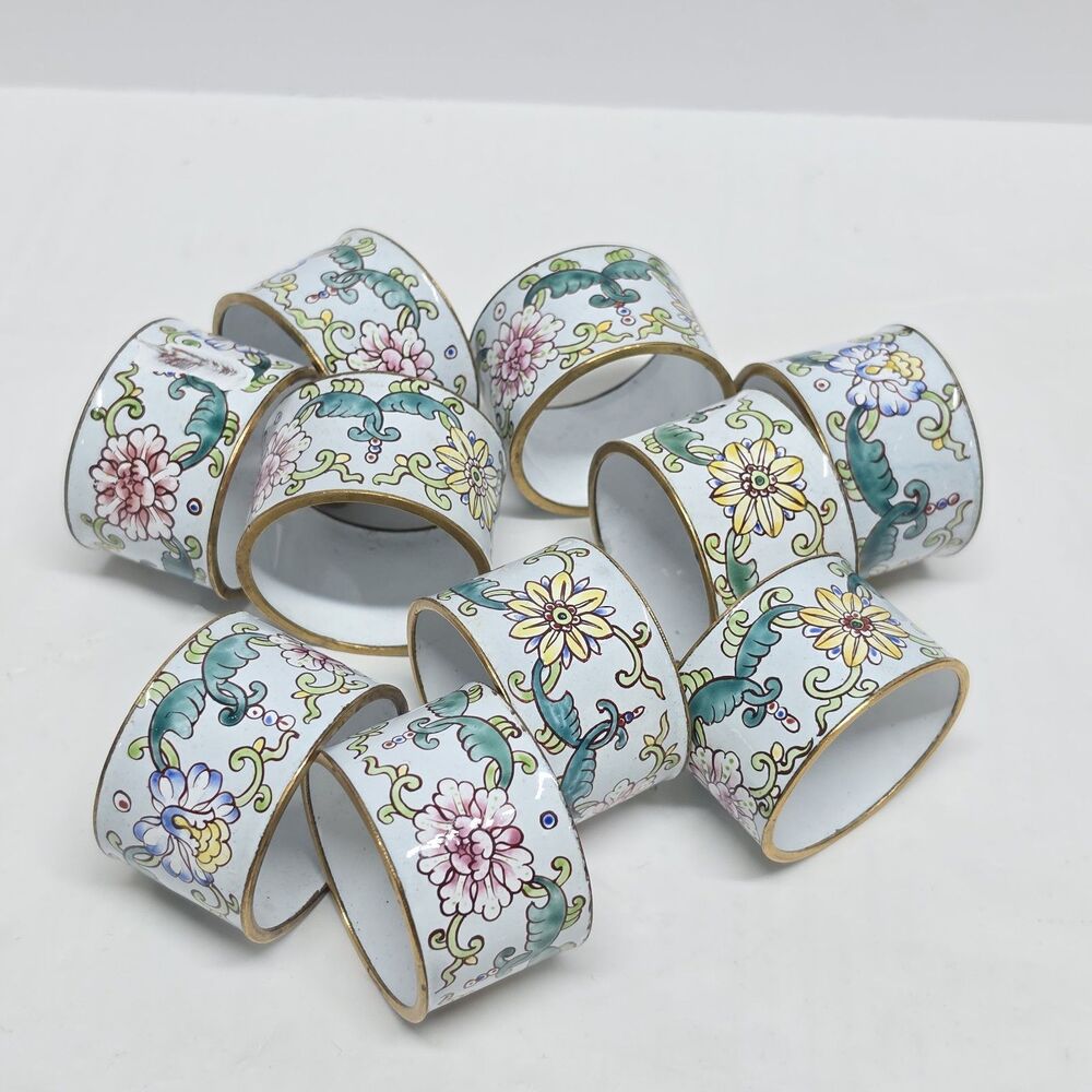 Vintage Chinese Cloisonné Enamel Floral Napkin Rings Chinoiserie Style Set Of 10